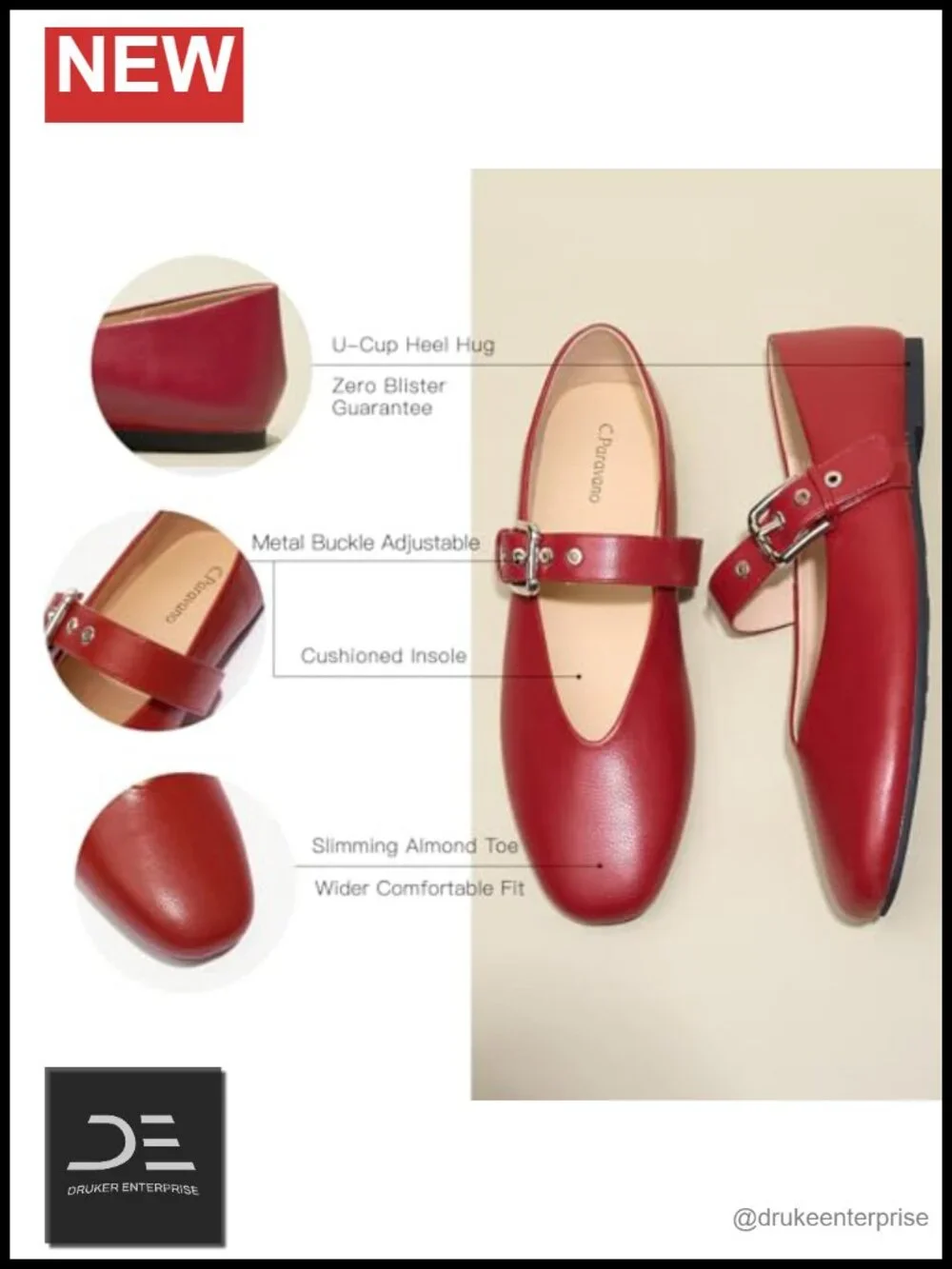 Women's Round Toe Mary Jane Flats with Adjustable Buckle Strap Slip On